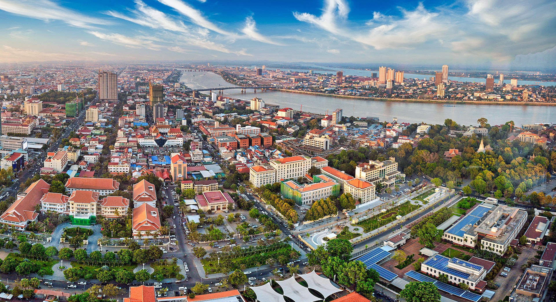 Aerial photo of a sunny day in Phnom Penh, capital of Cambodia.